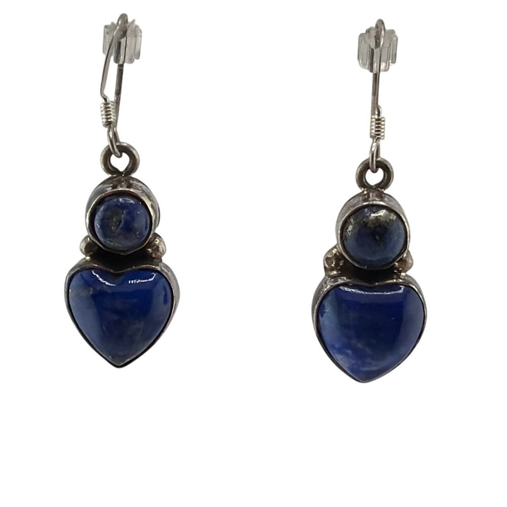 Vintage Sterling Silver Heart Shaped Lapis Lazuli Earrings